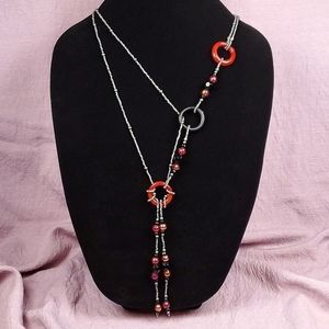 Beaded Lariat Necklace Red and Gray Beaded Choker Necklace Beaded Long Necklace